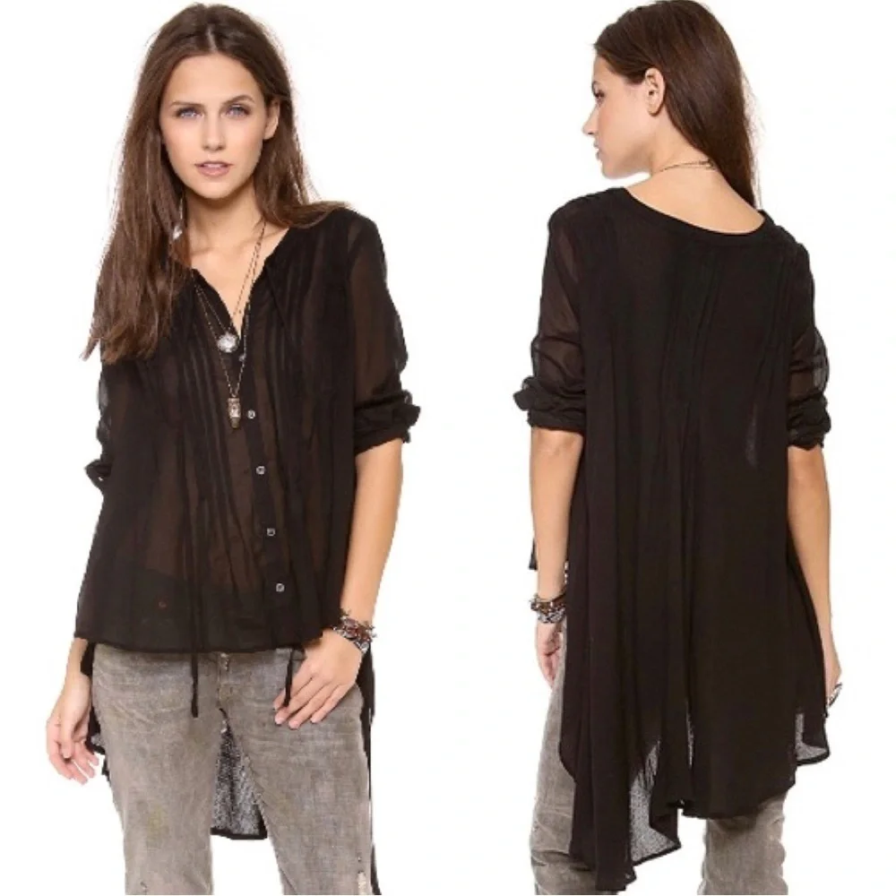 Free People • Sisters of the Moon blouse sheer black batiste high low pintuck